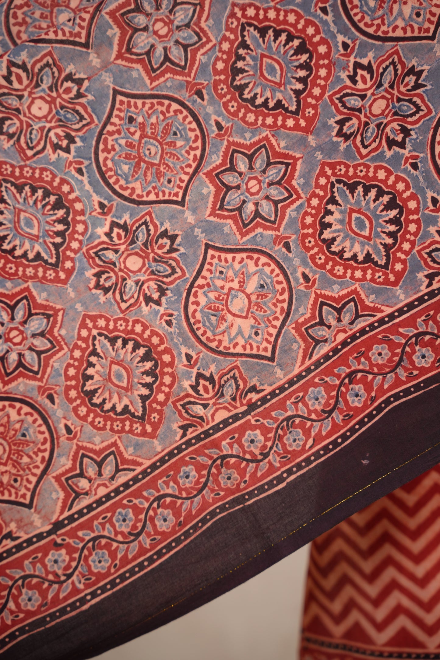 Maroon Ajrakh Hand Block Printed Cotton Saree | Looms & Tassels