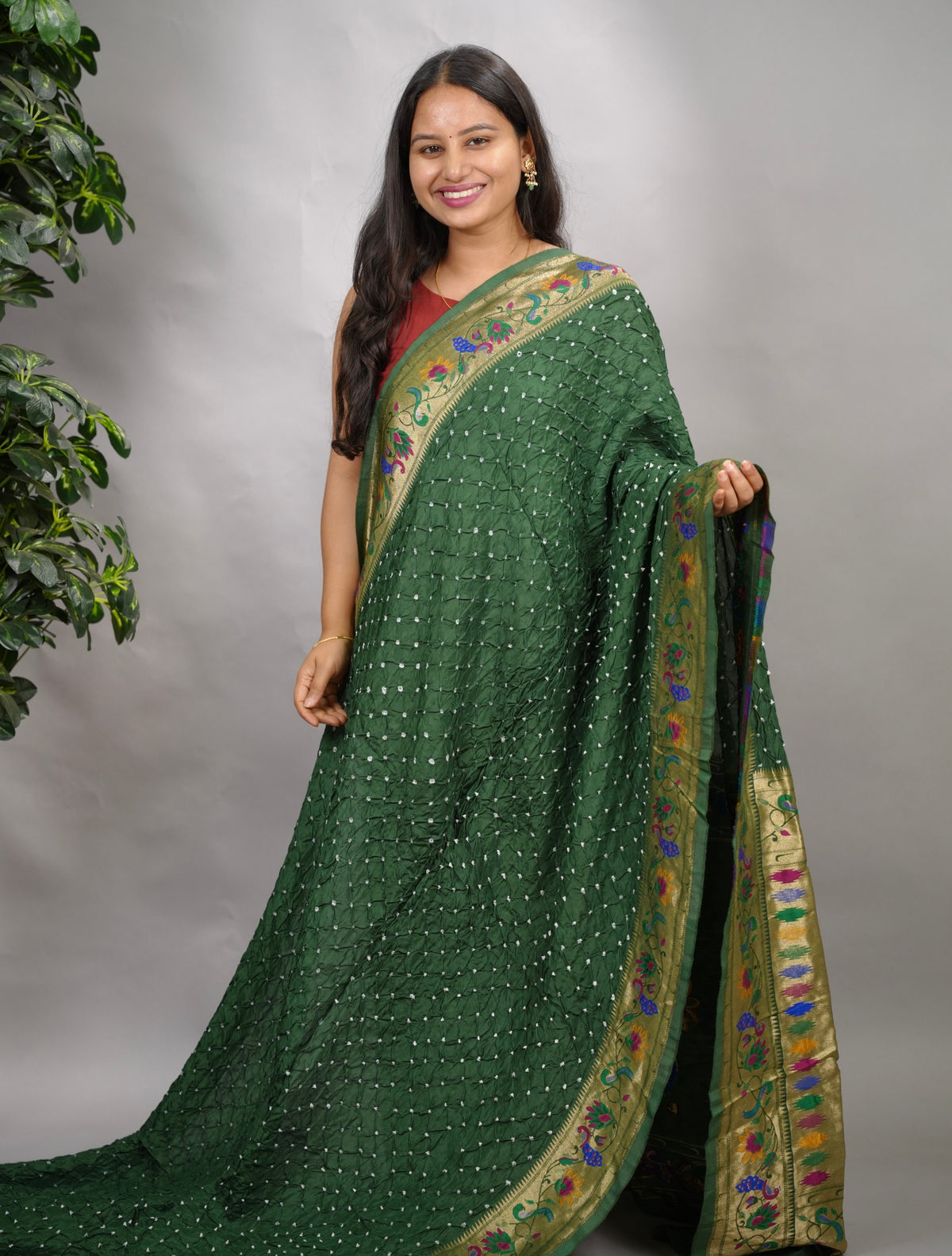 Green Handcrafted Bandhani Paithani Dola Silk Saree | Looms & Tassels