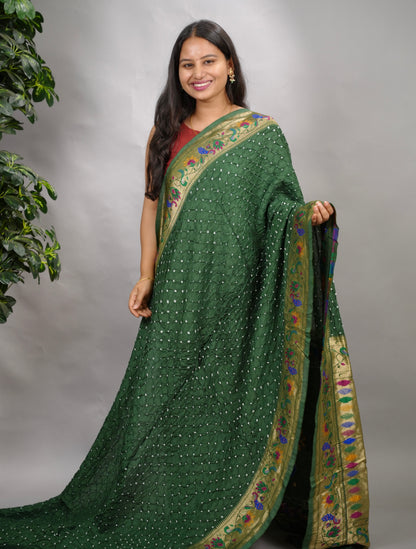 Green Handcrafted Bandhani Paithani Dola Silk Saree | Looms & Tassels