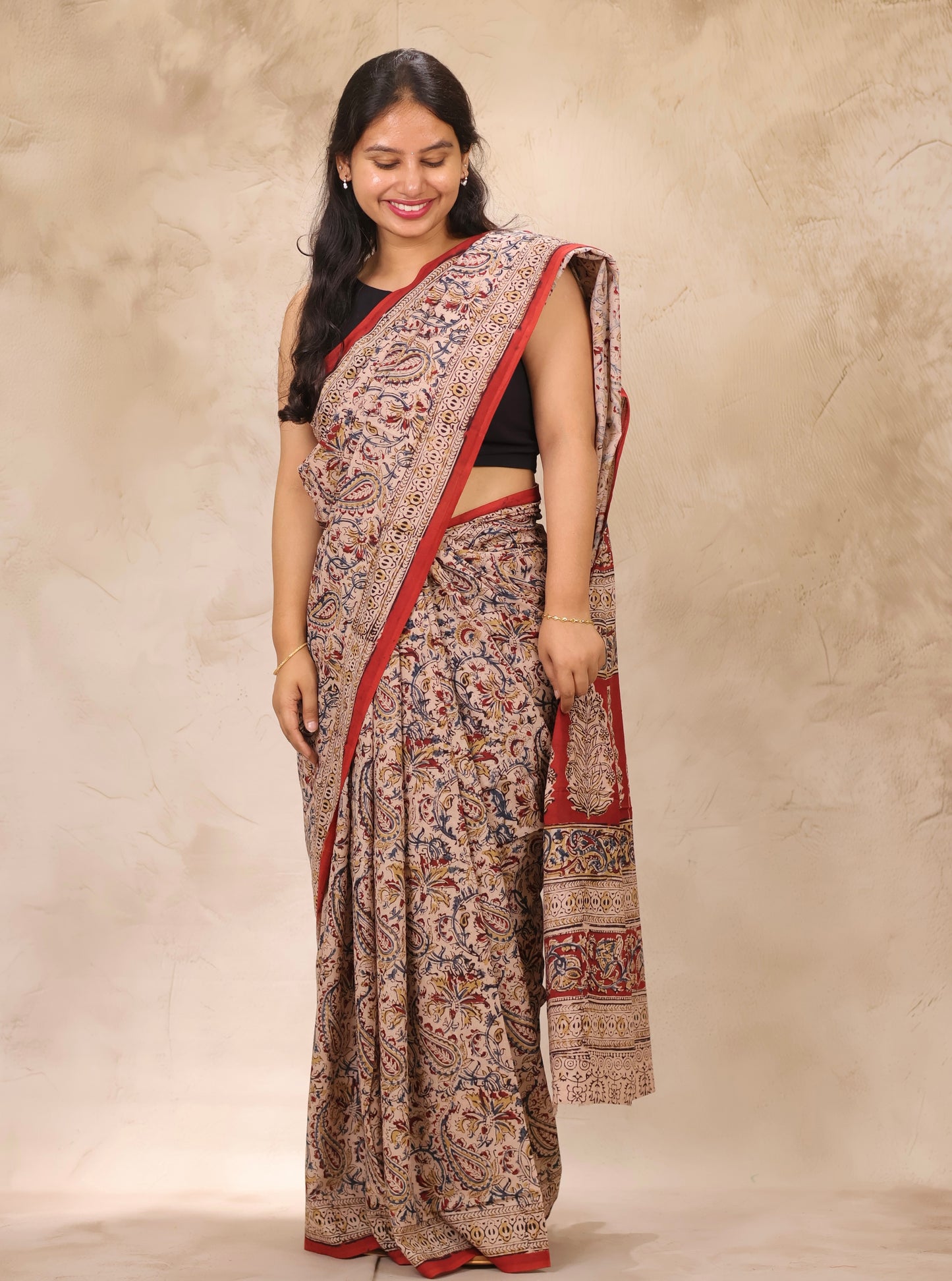 Cream Hand Block Printed Kalamkari Cotton Saree | Looms & Tassels
