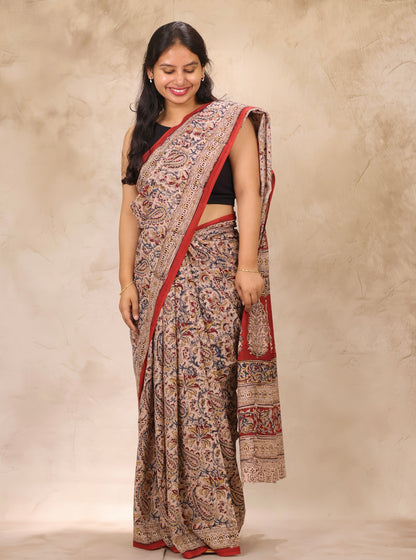 Cream Hand Block Printed Kalamkari Cotton Saree | Looms & Tassels