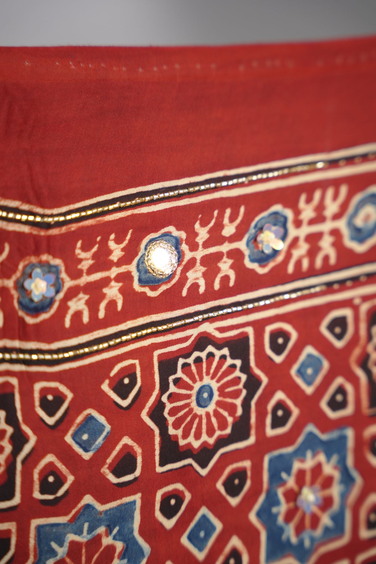Cream Ajrakh Modal Silk Hand Embroidery Saree | Looms & Tassels