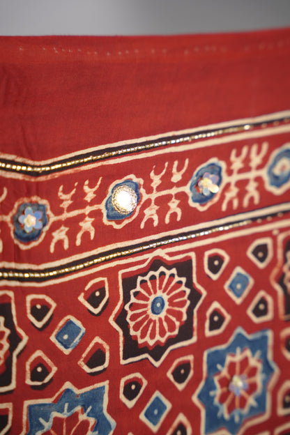 Cream Ajrakh Modal Silk Hand Embroidery Saree | Looms & Tassels