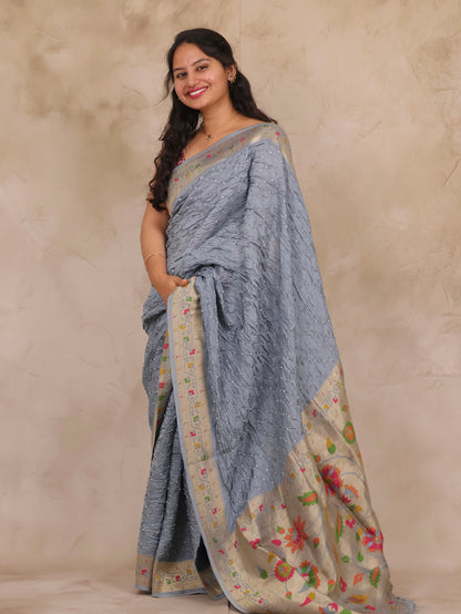 Grey Handcrafted Pattern Bandhani Paithani Dola Silk Saree | Looms & Tassels