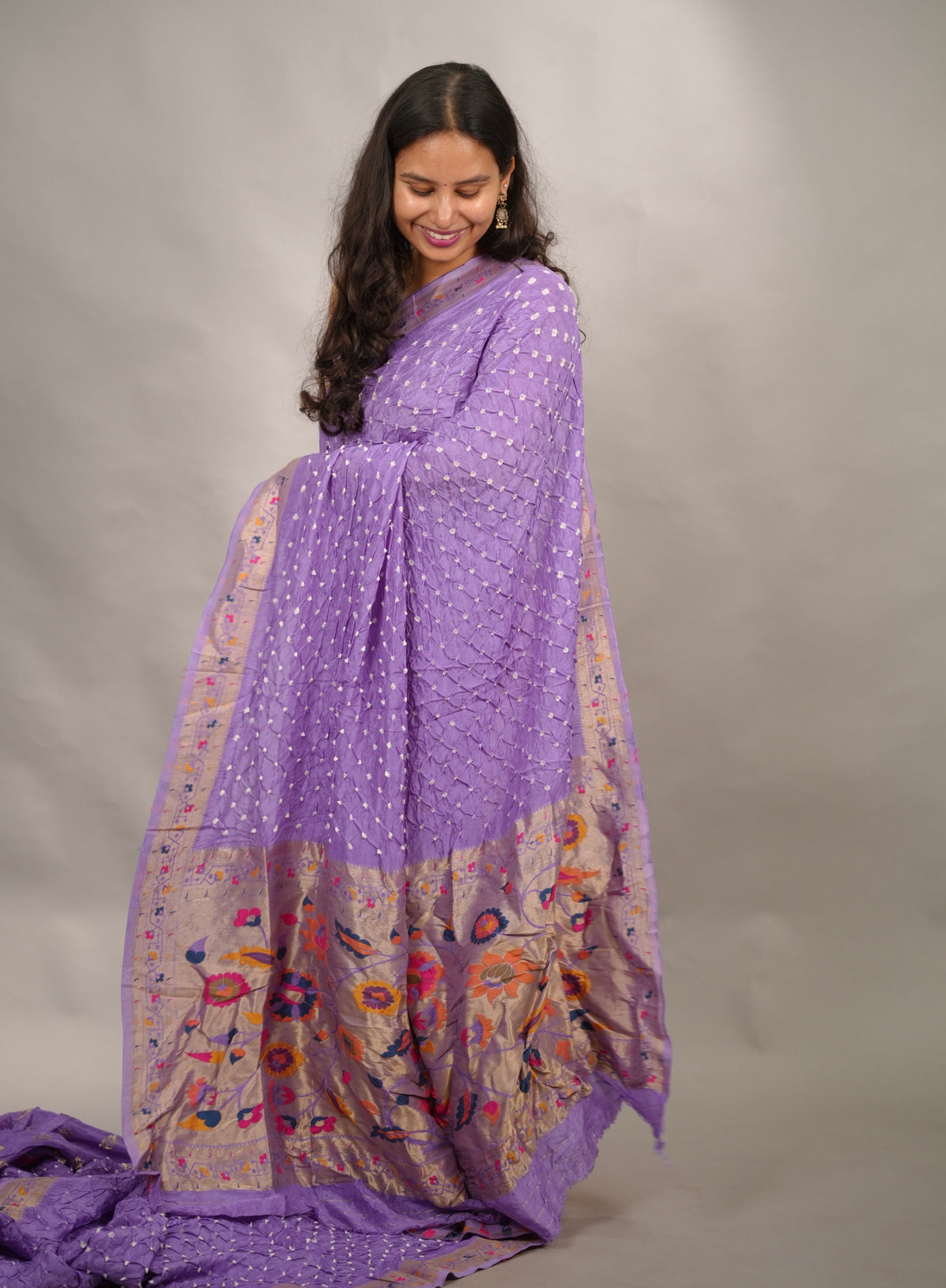 Lavender Handcrafted Bandhani Paithani Dola Silk Saree | Looms & Tassels