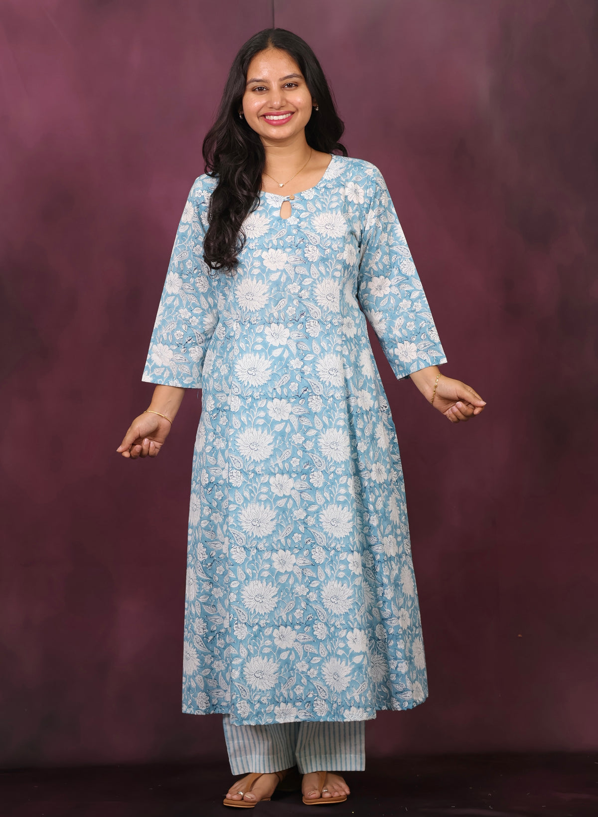 Powder Blue Pure Mul Cotton Aline Kurta Set (Set of 2) | Looms & Tassels