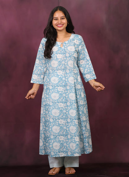 Powder Blue Pure Mul Cotton Aline Kurta Set (Set of 2) | Looms & Tassels