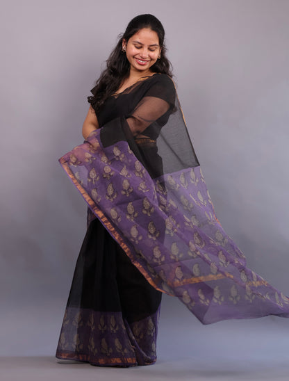 Pure Kota Doria Saree with Bagru Handblock Prints – Black | Looms&Tassels