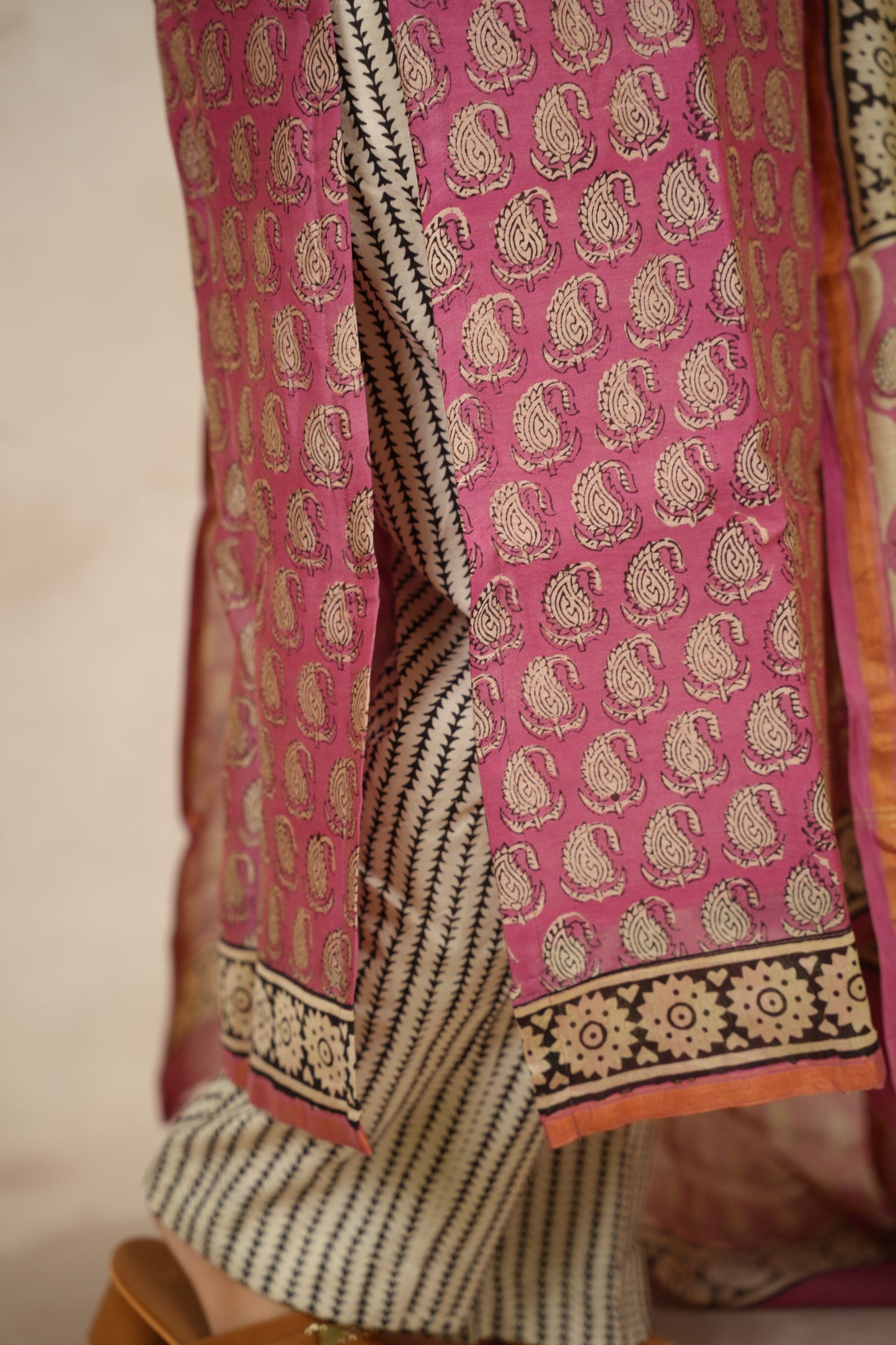 Pink Handblock printed Pure Chenderi Silk 3 piece suit (stitched) | Looms & Tassels