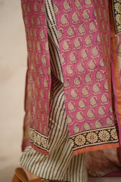 Pink Handblock printed Pure Chenderi Silk 3 piece suit (stitched) | Looms & Tassels