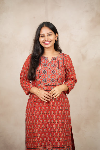 Red Ajrakh Pattern Hand Block printed Kurti | Looms & Tassels