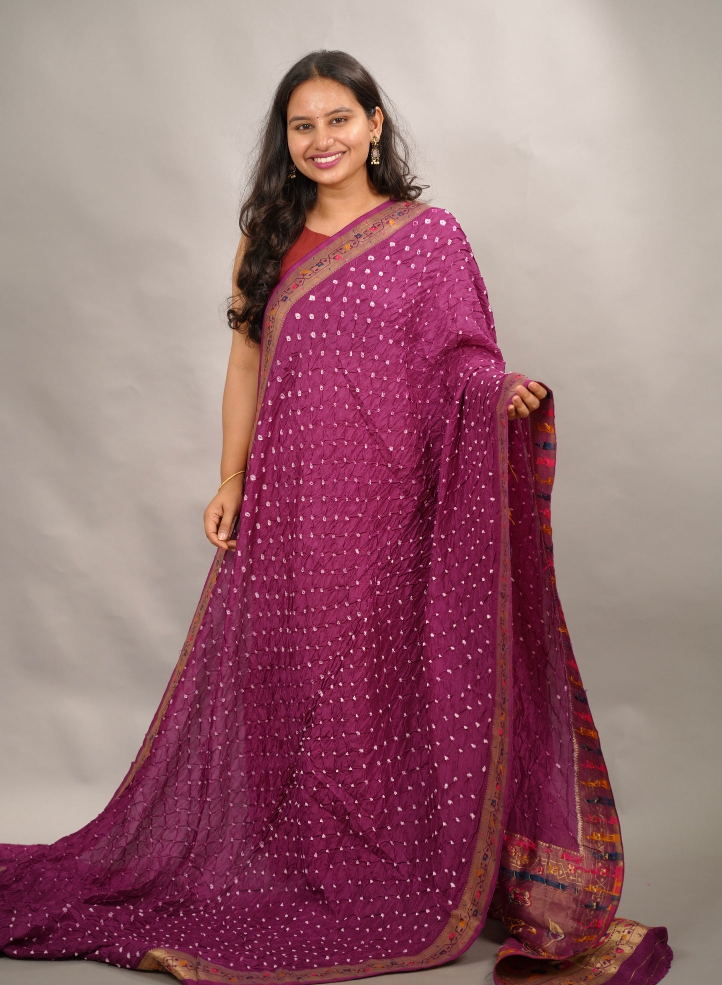 Magenta Handcrafted Bandhani Paithani Dola Silk Saree | Looms & Tassels