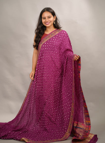 Magenta Handcrafted Bandhani Paithani Dola Silk Saree | Looms & Tassels