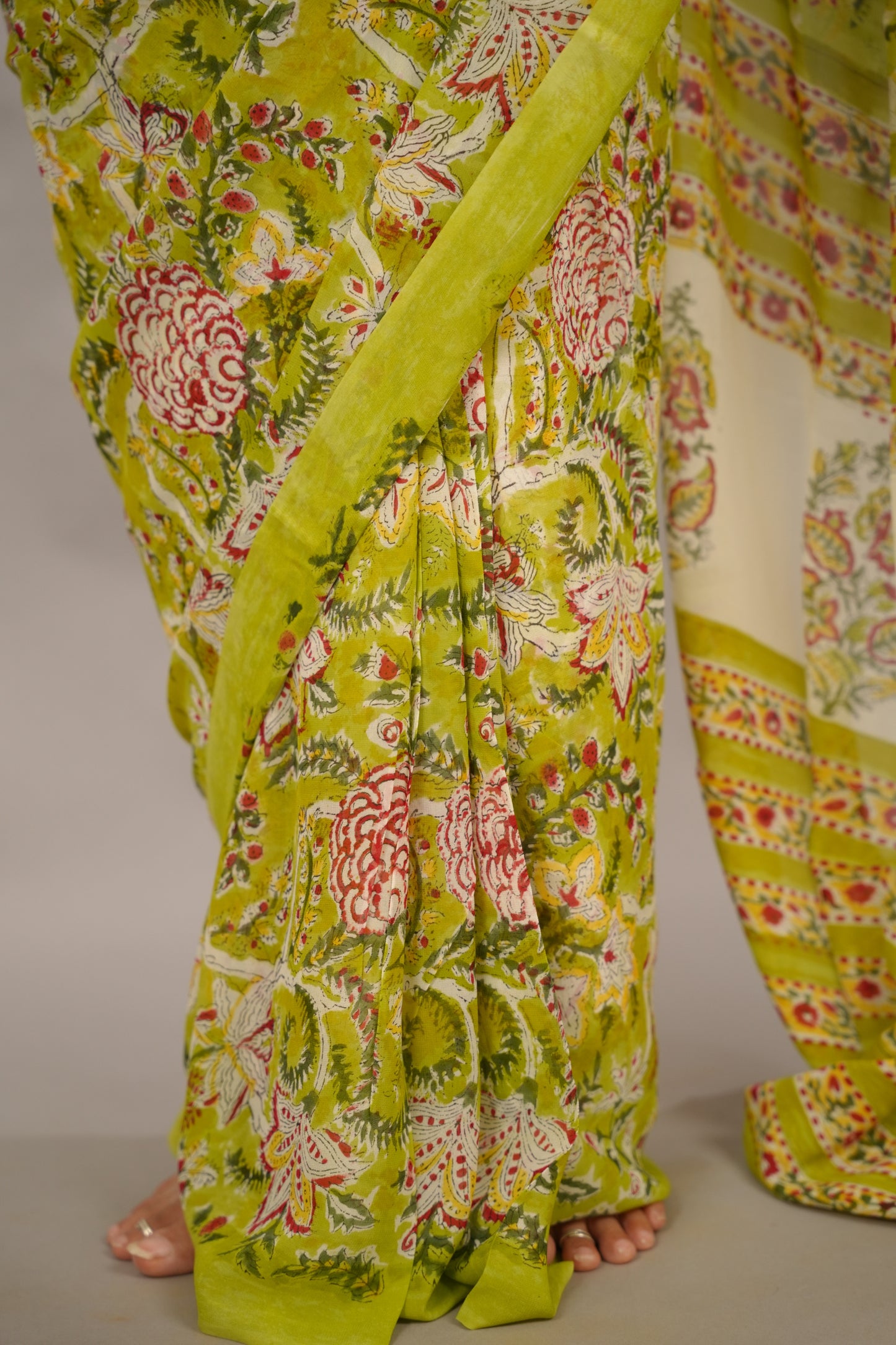 Parrot Green Georgette Hand Block Printed Saree| Looms & Tassels