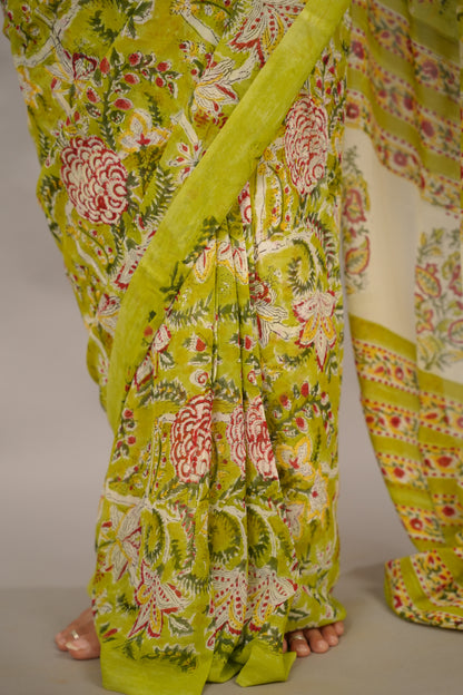 Parrot Green Georgette Hand Block Printed Saree| Looms & Tassels