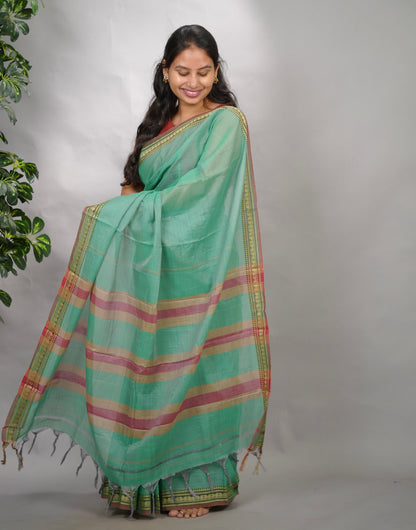Sea Green Narayanpet Cotton Saree | Looms & Tassels