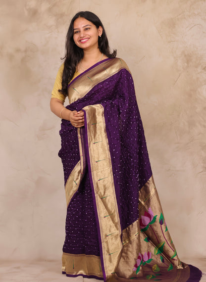 Purple Handcrafted Bandhani Paithani Dola Silk Saree | Looms & Tassels