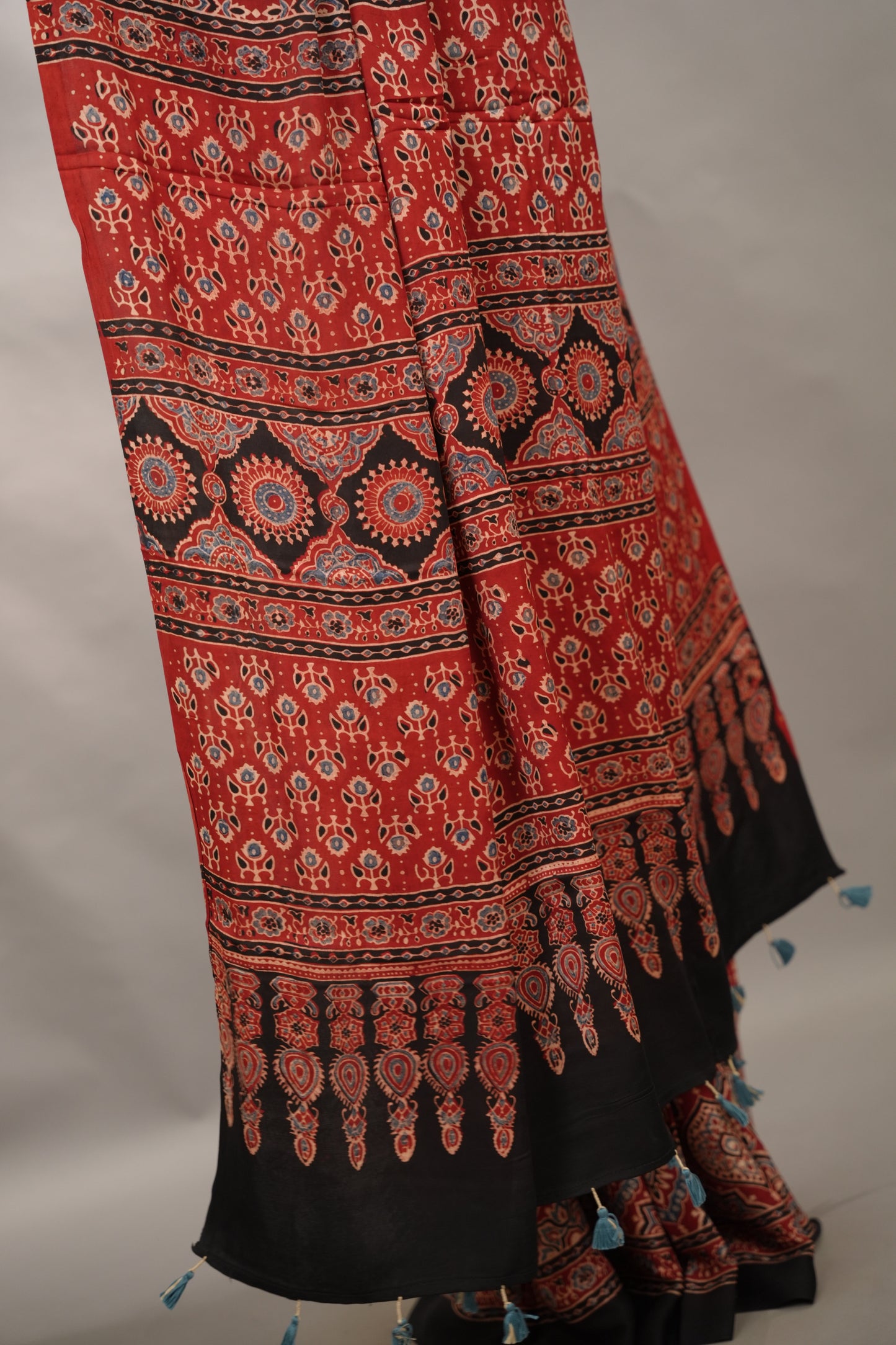 Maroon Badam Butta Authentic Ajrakh Handblock Printed Modal Silk Saree | Looms & Tassels
