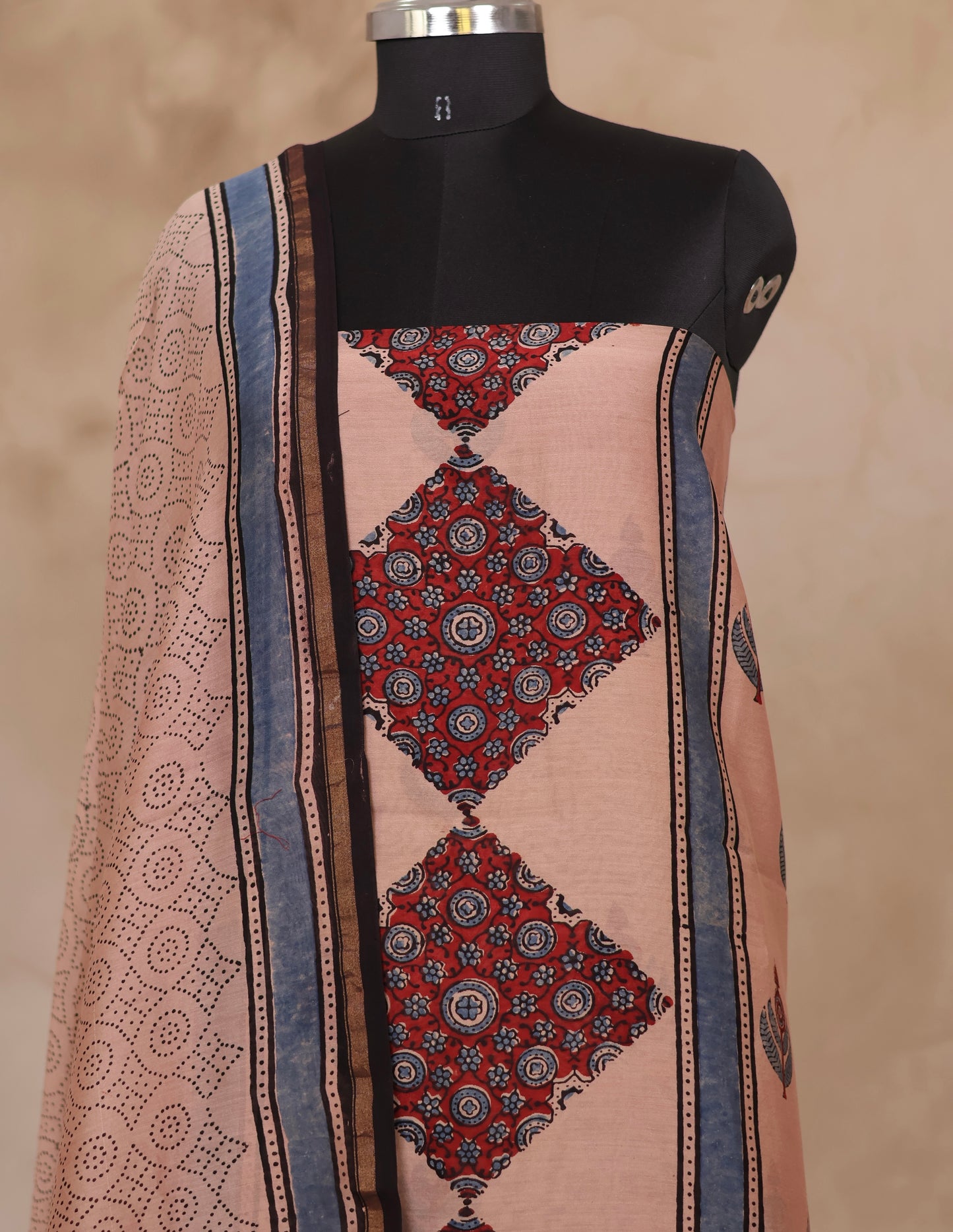 Chanderi Silk Cotton Ajrakh Handblock Printed 2 Piece Suit Set | Looms & Tassels
