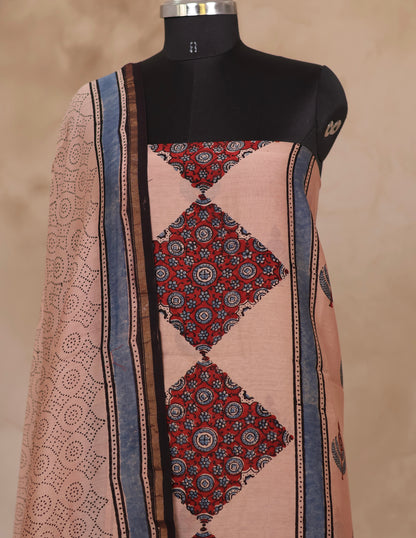 Chanderi Silk Cotton Ajrakh Handblock Printed 2 Piece Suit Set | Looms & Tassels
