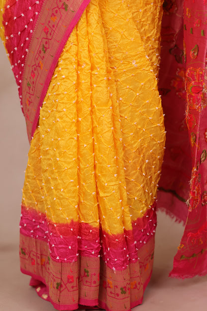 Pink & Yellow Handcrafted Bandhani Paithani Dola Silk Saree | Looms & Tassels