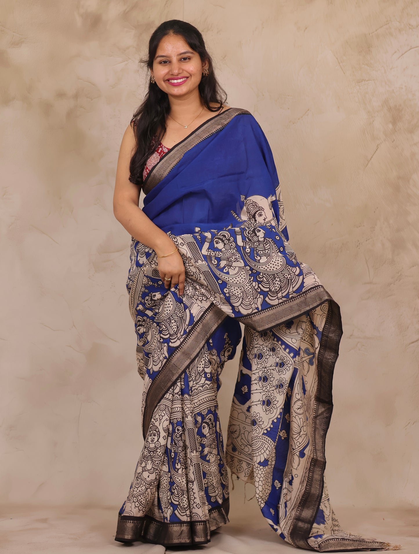 Ink Blue Story Telling Kalamkari Nizam Border Chennur Silk Saree | Looms & Tassels