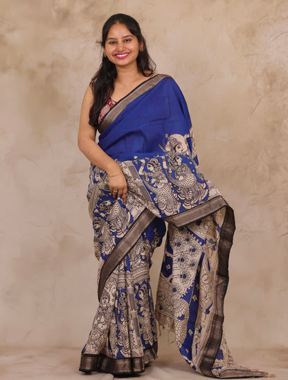 Ink Blue Story Telling Kalamkari Nizam Border Chennur Silk Saree | Looms & Tassels