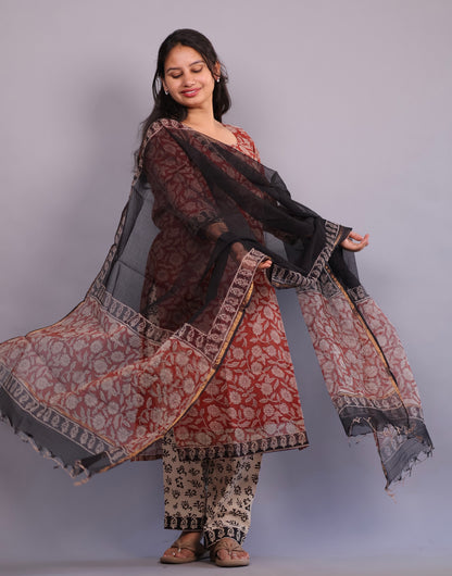 Rust Maroon Handblock printed kota 3 piece suit (stitched)