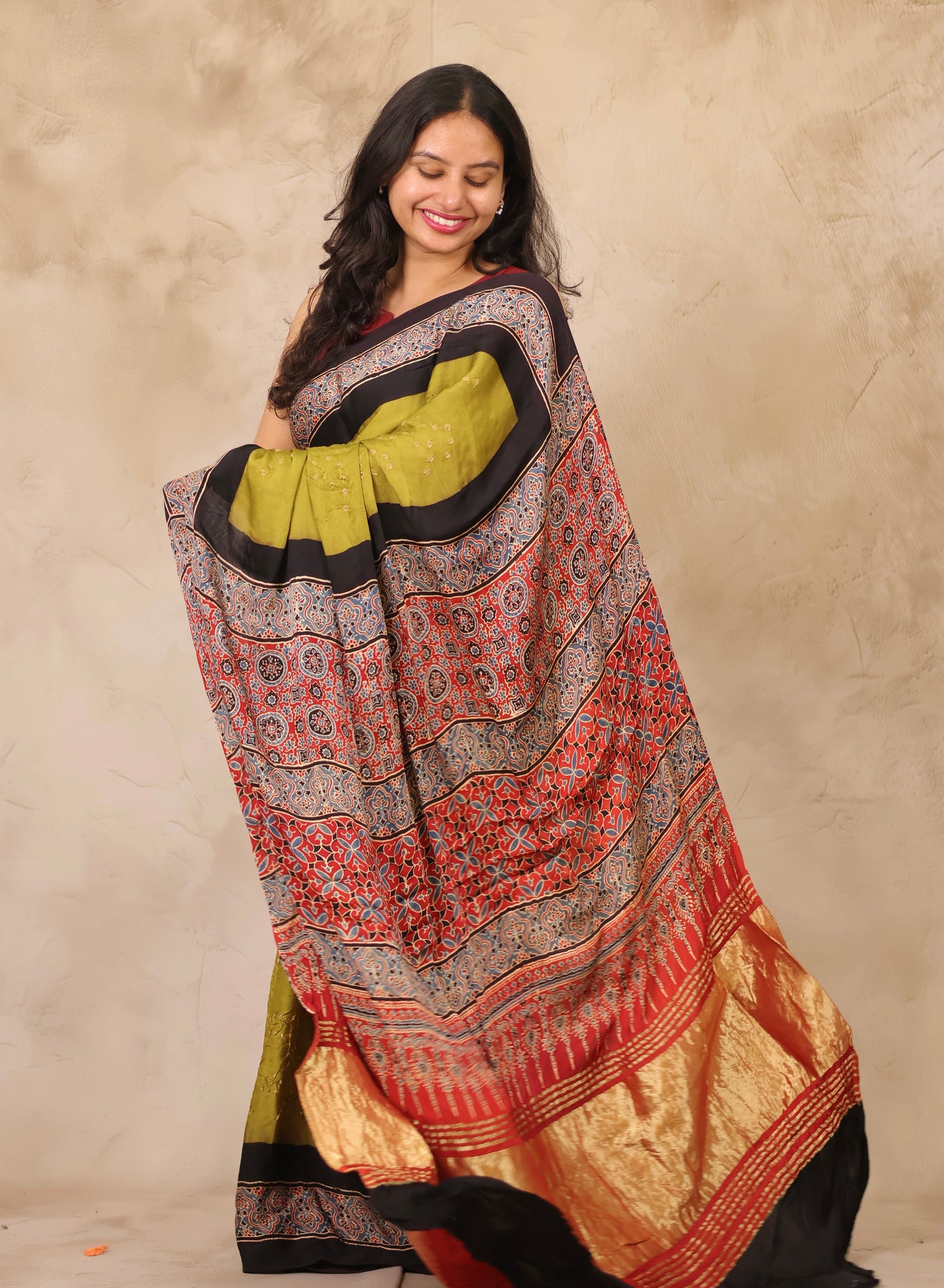 Lemon Green Hand Knotted Bandhej Arakh Modal Silk Saree with Lagdi Pallu | Looms & Tassels