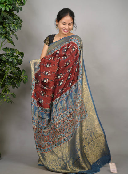 Ajrakh Dola Silk Saree - Brick Red | Looms & Tassels