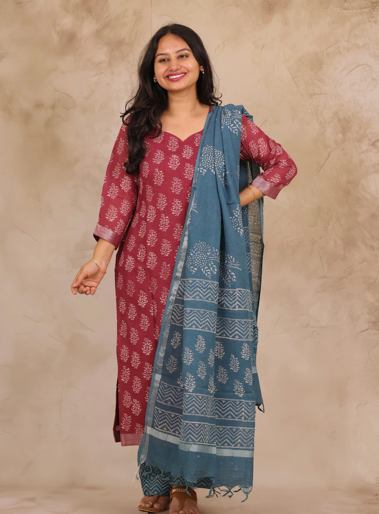 Dusty Rose Linen Cotton Handblock printed 3 piece suit (stitched)