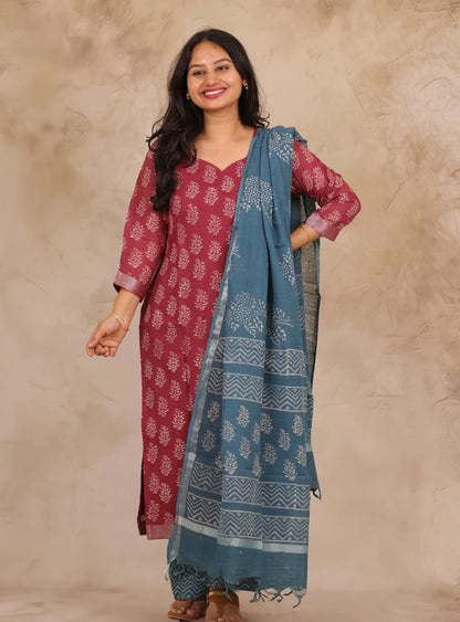 Dusty Rose Linen Cotton Handblock printed 3 piece suit (stitched)
