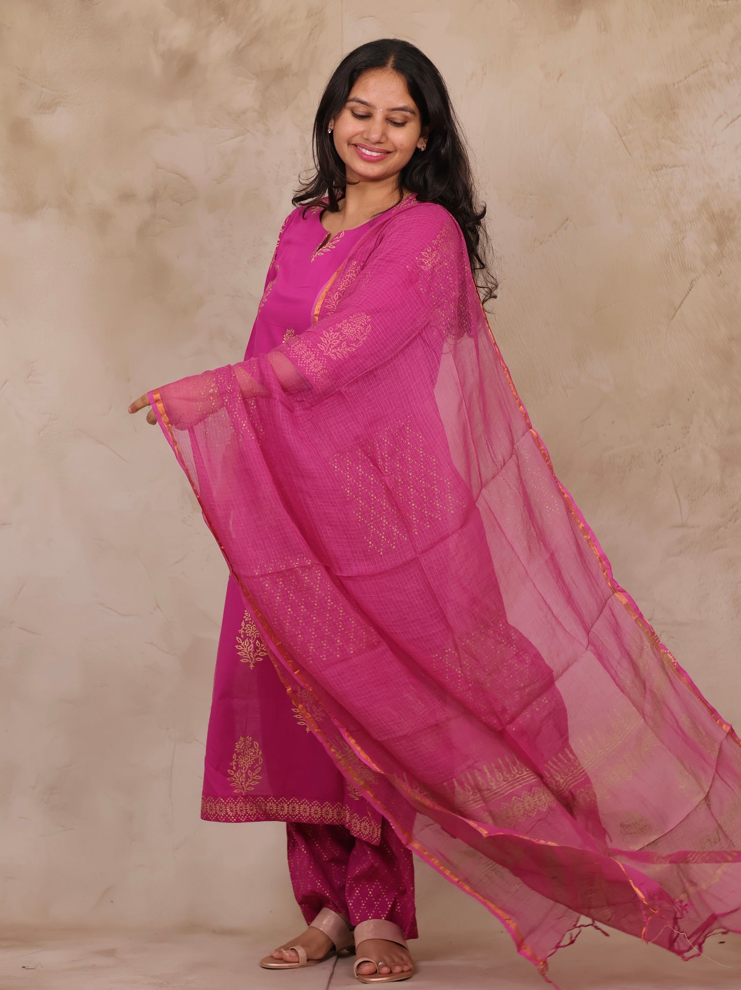 Magenta Handblock printed Pure Mul Cotton with Kota Doria Duppata 3 piece suit (stitched)