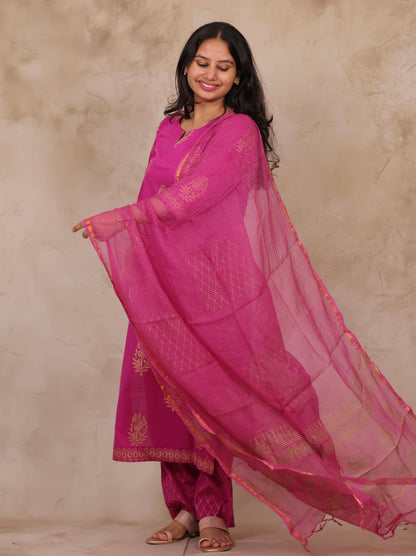 Magenta Handblock printed Pure Mul Cotton with Kota Doria Duppata 3 piece suit (stitched)