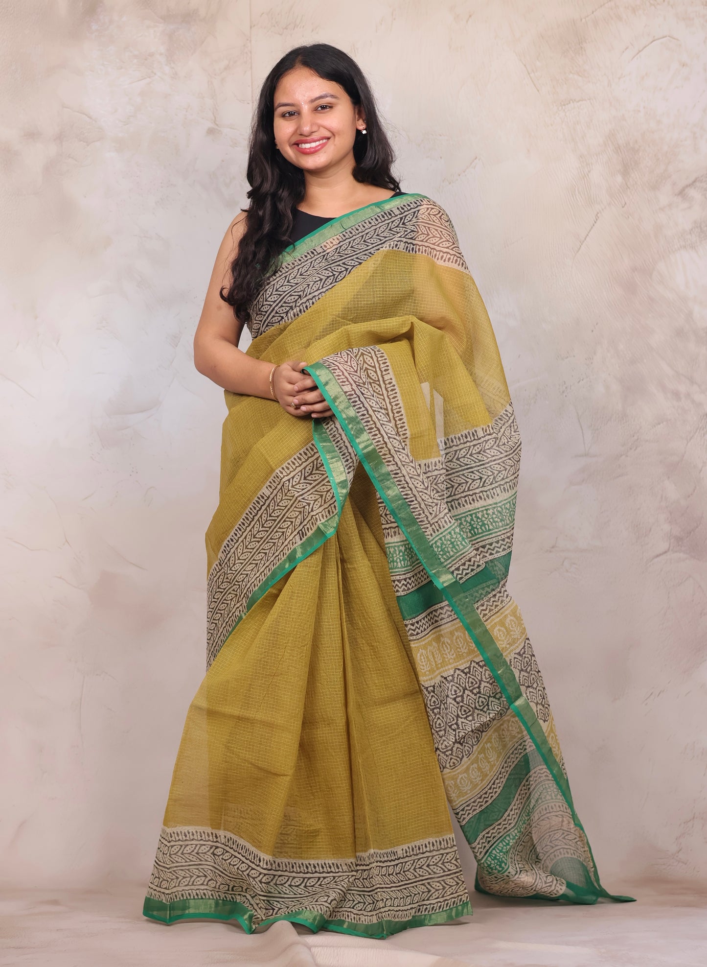 Yellow Pure Kota Doria Saree with Bagru Handblock Prints | Looms & Tassels