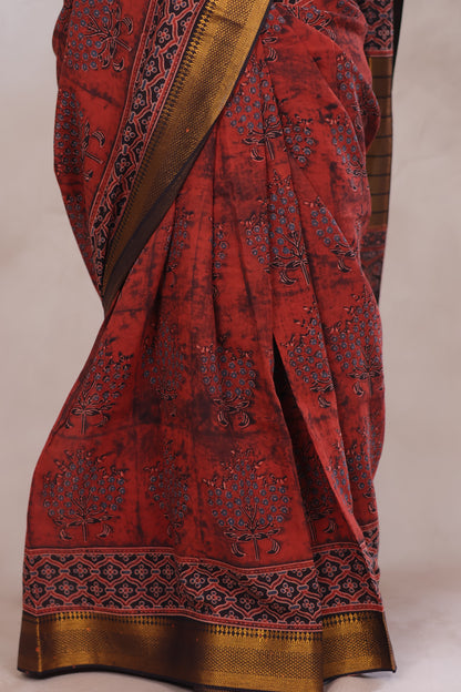 Rust Ajrakh Hand Block Printed Mangalagiri Cotton Saree | Looms & Tassels