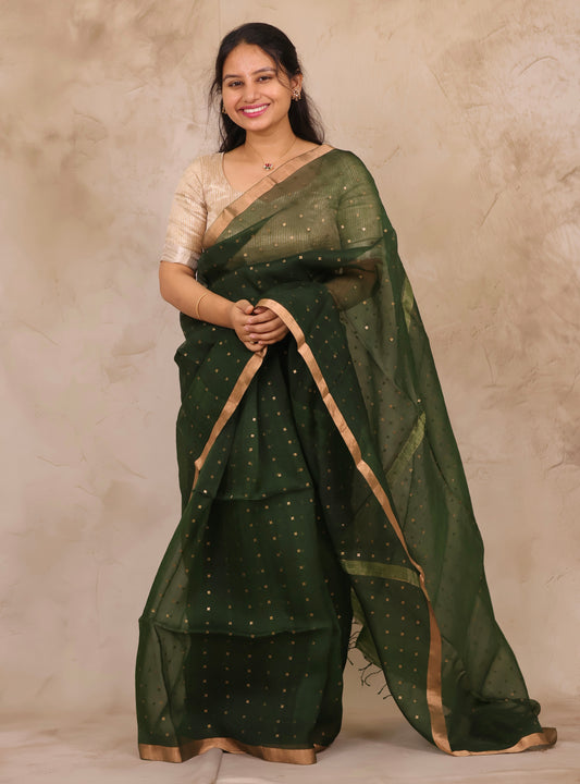 Green Handwoven Muslin Silk Saree With Sequence Work | Looms & Tassels