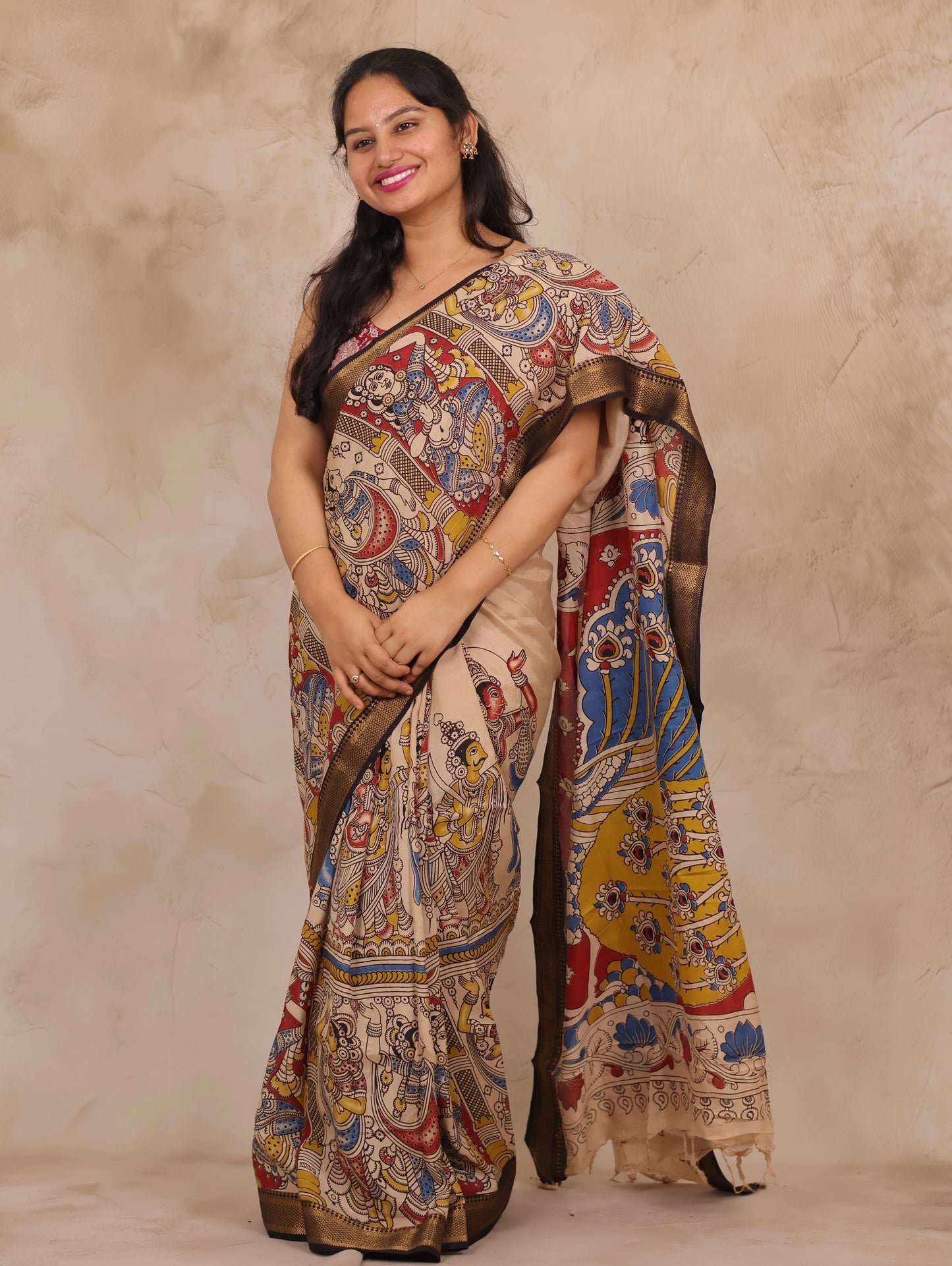 Cream Story Telling Kalamkari Nizam Border Chennur Silk Saree | Looms & Tassels