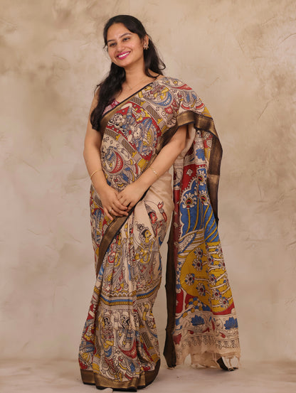 Cream Story Telling Kalamkari Nizam Border Chennur Silk Saree | Looms & Tassels