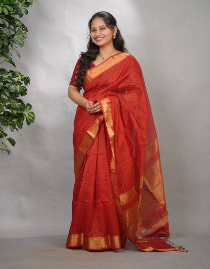 Red Checks Handloom Maheswari Silk Cotton Sarees | Looms & Tassels