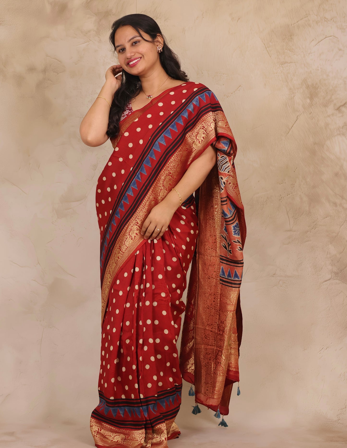 Red Ajrakh Handblock printed Dola Silk Saree | Looms & Tassels