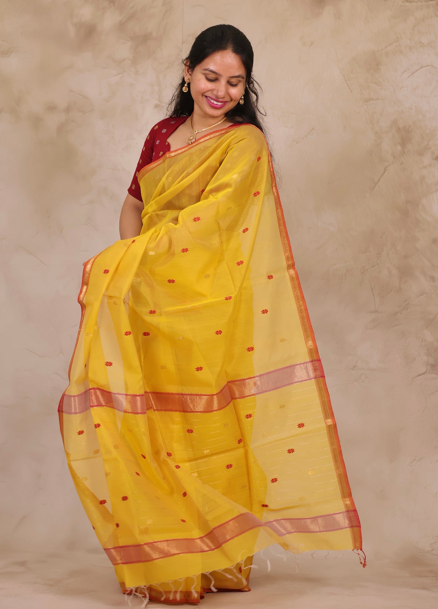 Yellow Handloom Maheswari Silk Cotton Sarees | Looms & Tassels