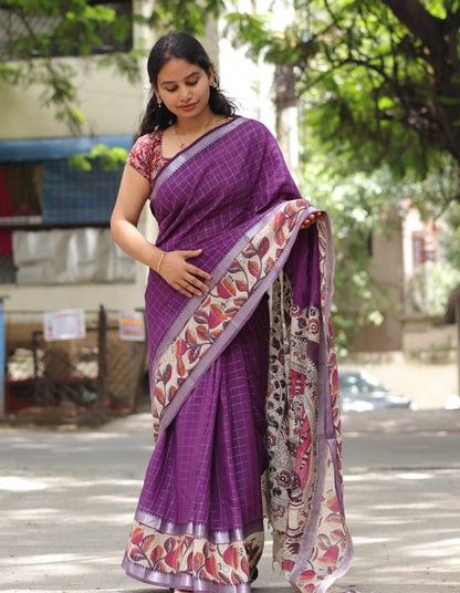 Purple Checks Kalamkari dyeing premium chennur silk saree