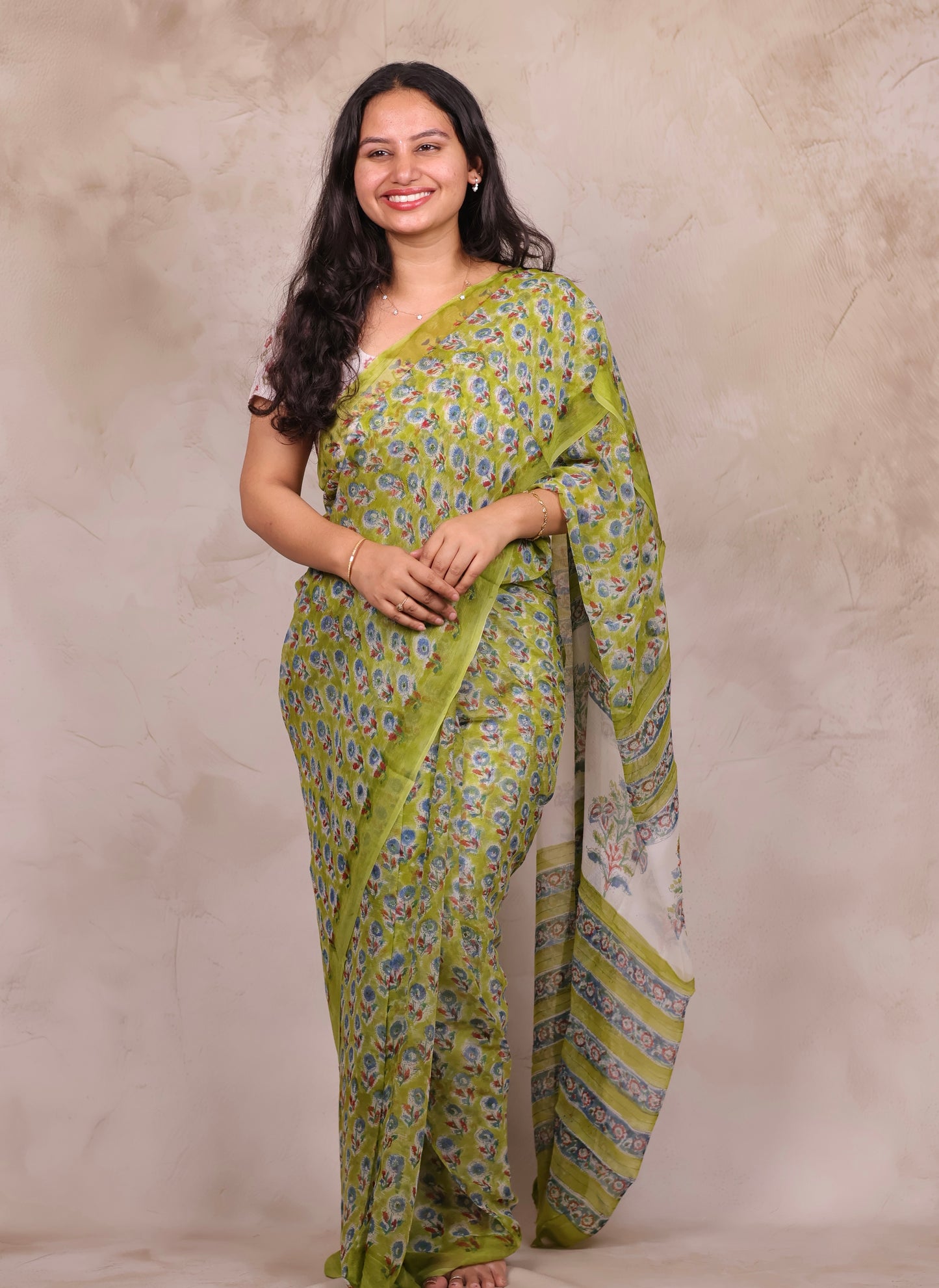 Green Chiffon Hand Block Printed Saree | Looms & Tassels