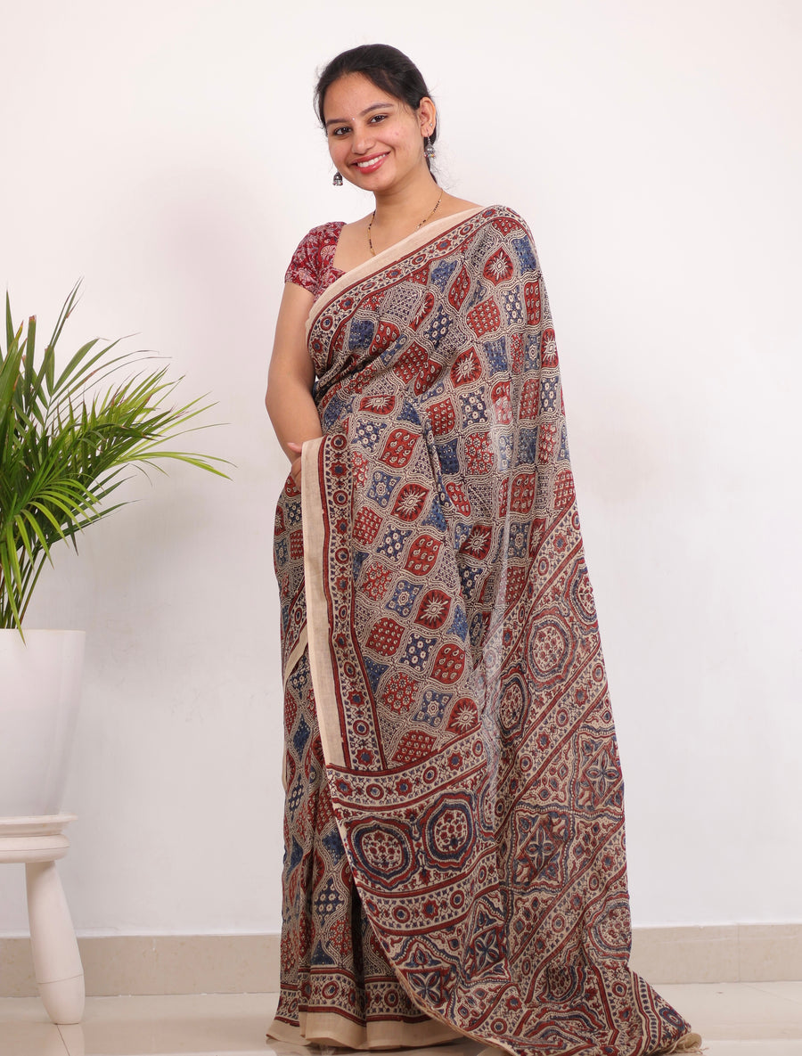 Cream Badam Butta Ajrakh Handblock Printed Saree