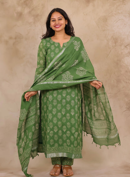 Green Linen Cotton Handblock printed 3 piece suit (stitched)