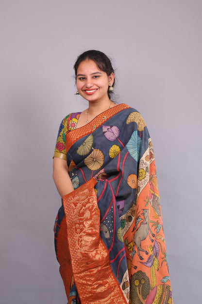 Hand Painted Pen Kalamkari Silk Saree