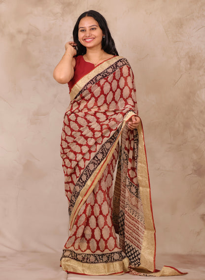 Maroon Chiffon Hand Block Printed Saree with Jari Border | Looms & Tassels