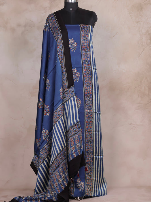 Indigo Ajrakh Handblock Printed Modal Silk 2 Piece Suit Set | Looms & Tassels