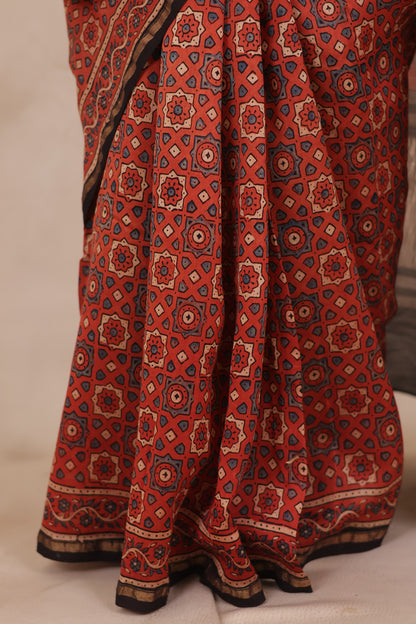 Maheswari Silk Cotton Ajrakh Handblock Printed Saree | Looms & Tassels